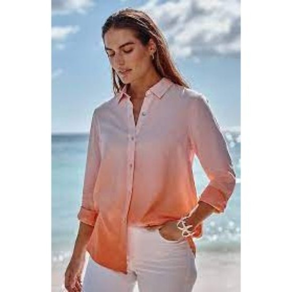 J. Jill Linen Blend Tab-Sleeve A-Line Button-Up Shirt Orange Ombre Size … - Picture 2 of 14